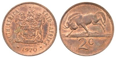 ЮАР 2 цента 1970 герб, антилопа гну KM 83 бронза UNC 4695-1035