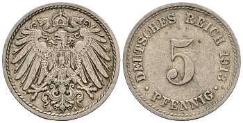 Германия 5 пфеннигов 1913 A, KM 11, J. 12 медно-никель 220-718