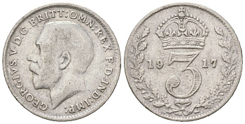 Великобритания 3 пенса 1917 Георг V (1910-1936) KM 813, Spink 4015 серебро 4611-1138