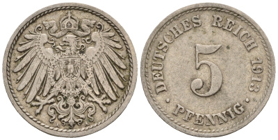 Германия 5 пфеннигов 1913 A, KM 11, J. 12 медно-никель 220-718
