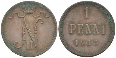 РОССИЯ ДЛЯ ФИНЛЯНДИИ 1 ПЕННИ 1915 НИКОЛАЙ II KM 13, Биткин 475 медь 261-1147