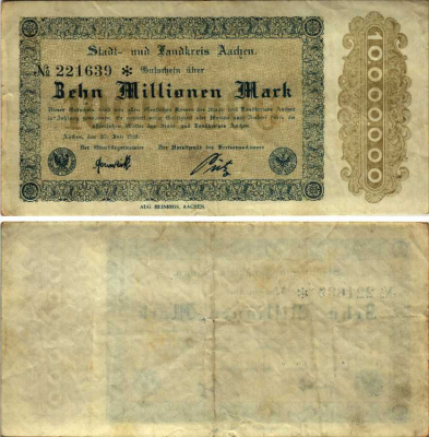 ААХЕН 10000000 МАРОК 1923 НОТГЕЛЬД, 20 ИЮЛЯ 1923, ЗЕМЛЯ СЕВЕРНЫЙ РЕЙН-ВЕСТФАЛИЯ Keller 1b бумага 6318-30-3-2