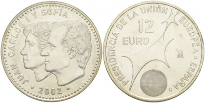 Испания 12 евро 2002 Карлос и София, Председательство Испании в Евросоюзе KM 1049 серебро UNC 1521-1144