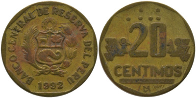 Перу 20 сентимо 1992 LIMA KM 306.1, Schon 105 латунь 4543-952