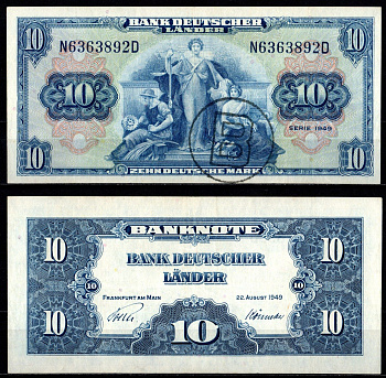 ФРГ 10 марок 1949 штамп «В» в круге Pick 16 b бумага 451-1109-1