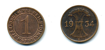 ГЕРМАНИЯ 1 РЕЙХСПФЕННИГ 1934 E J.313 медь 54-245