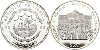 Либерия 20 долларов 2000 серия история Америки, битва за Аламо 1836 год KM 472 серебро PROOF 11-155-13
