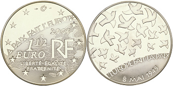 Франция 1 1/2 евро 2005 60 лет мира в Европе, голуби мира КМ 1441 серебро PROOF 11-183-44