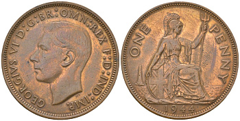 Великобритания 1 пенни 1944 Георг VI (1936-1952) KM 845, Spink 4114 бронза    82-814