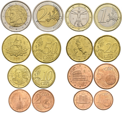 Италия евронабор из 8 монет 2009 1, 2, 5, 10, 20, 50 евроцентов, 1 и 2 евро KM 210, 211, 212, 213, 214, 215, 216, 217 UNC N6-27