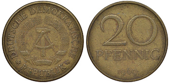 ГДР 20 пфеннигов 1969 А, первый год KM 11 латунь 62-1035