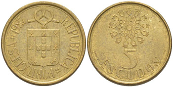 ПОРТУГАЛИЯ 5 ЭСКУДО 1987 KM 632 никель латунь 4513-1117