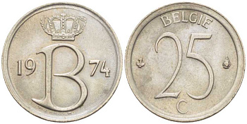 БЕЛЬГИЯ 25 САНТИМОВ 1974 BELGIE, БОДУЭН I (1951-1993) KM 154.1 медно-никель 214-156