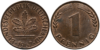 ФРГ 1 пфенниг 1967 G KM 105, J.380 сталь плакированная медью 99-262