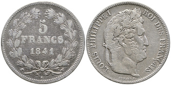 Франция 5 франков 1841 W, Луи Филипп I (1830-1848) KM 749.13 серебро 4386-332