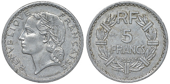 Франция 5 франков 1945 В, open 9 KM 888b.2, Le Franc 339.4 алюминий 4123-525