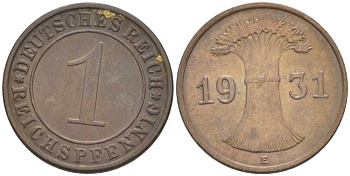 ГЕРМАНИЯ 1 РЕЙХСПФЕННИГ 1931 E KM 37, J. 313, Weege 2 бронза 206-836