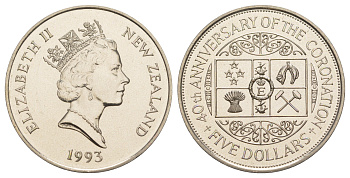 Новая Зеландия 5 долларов 1993 40 лет коронации Королевы Елизаветы II KM 88 медно-никель BU 1085-8-33