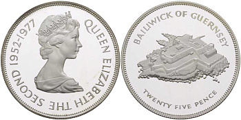 Гернси 25 пенсов 1977 25 лет правления Елизаветы II, крепость, в оригинальной коробке, с сертификатом, тираж 25000 экземпляров KM 31а серебро  PROOF  6-5-3-32