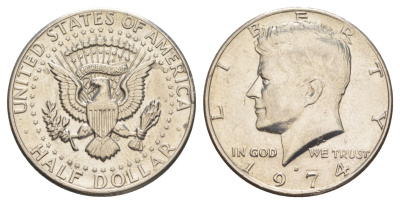 США 1/2 доллара (50 центов) 1974 D, Джон Кеннеди KM 202b медь плакированная медно-никелем aUNC 4131-622