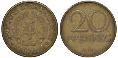 ГДР 20 пфеннигов 1969 А, первый год KM 11 латунь 62-1035