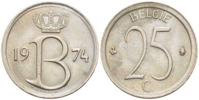 БЕЛЬГИЯ 25 САНТИМОВ 1974 BELGIE, БОДУЭН I (1951-1993) KM 154.1 медно-никель 214-156