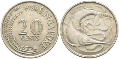 СИНГАПУР 20 ЦЕНТОВ 1980 ГОЛУБОЙ МАРЛИН, ТУНЕЦ KM 4 медно-никель 3856-1032