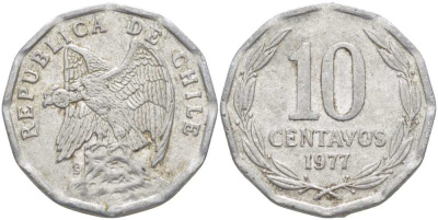 Чили 10 сентаво 1977 KM 205a алюминий 4402-356