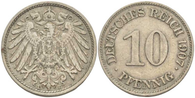 Германия 10 пфеннигов 1907 E KM 12, J. 13 медно-никель 31-241