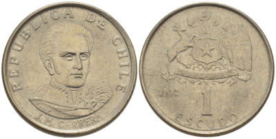 Чили 1 эскудо 1972 Хосе Мигель Каррера KM 197 медно-никель 4388-341