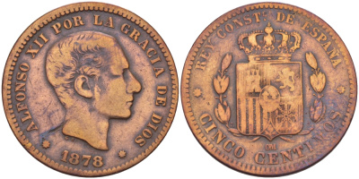 ИСПАНИЯ 5 СЕНТИМО 1878 ОМ, АЛЬФОНСО XII (1874-1885) KM 674 бронза 31-1052