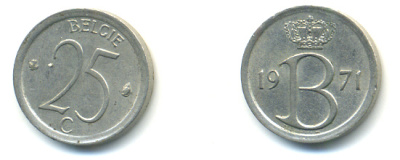 Бельгия 25 сантимов 1971 Belgie, Бодуэн I (1951-1993 KM 154.1 медно-никель 86-1256