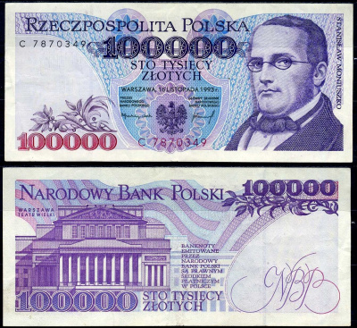 Польша 100000 злотых 1993 Pick 160 бумага 7222-27-3-1
