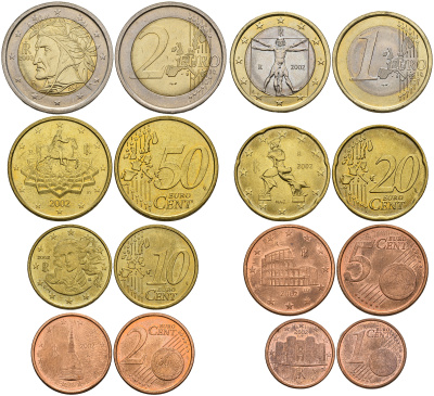 Италия евронабор из 8 монет 2002 1, 2, 5, 10, 20, 50 евроцентов, 1 И 2 евро KM 210, 211, 212, 213, 214, 215, 216, 217 UNC N6-20