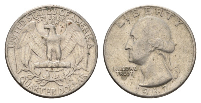 США 25 центов (квотер, 1/4 доллара) 1967 Вашингтон KM 164a медь плакированная медно-никелем 4673-1053