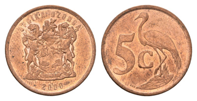 ЮАР 5 центов 2000 герб, райский журавль KM 160 сталь плакированная медью UNC 4687-231