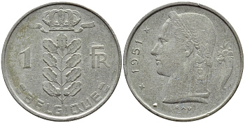 БЕЛЬГИЯ 1 ФРАНК 1951 BELGIQUE KM 142.1 медно-никель 4395-512