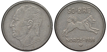 Норвегия 50 эре 1958 Улаф V (1957-1991), собака KM 408 медно-никель 4128-1126