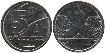 Бразилия 5 крузейро 1990 KM 618.1, Schon 127 нержавеющая сталь 4519-521
