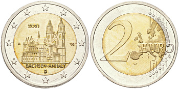 Германия 2 евро 2021 A, Саксония-Анхальт, Магдебургский собор KM 400 биметал UNC 4155-117