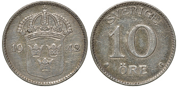 Швеция 10 эре 1942 G, Густав V (1907-1950) KM 780 серебро 4179-632