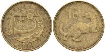 Мальта 1 цент 1986 ласка, горностай KM 78 никель латунь 4585-1121