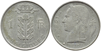 БЕЛЬГИЯ 1 ФРАНК 1951 BELGIQUE KM 142.1 медно-никель 4395-512