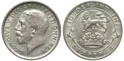 Великобритания 6 пенсов 1920 Георг V (1910-1936), пограничный год KM 815 или 815a.1, Spink 4014 или 4024 серебро серебро 4539-135 aUNC 75-951