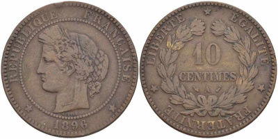 ФРАНЦИЯ 10 САНТИМОВ 1896 A, ТРЕТЬЯ РЕСПУБЛИКА (1871-1940) KM 815.1, LA FRANC 135.41 бронза 82-934