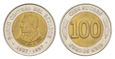 Эквадор 100 сукре 1997 70 лет Центробанку KM 101 биметалл UNC 4640-1248