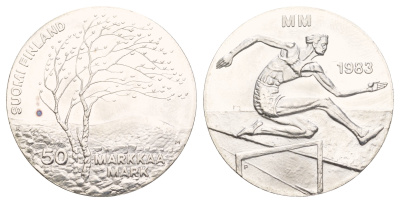 Финляндия 50 марок 1983 K-T, чемпионат мира по атлетике, бег с препятствиями KM 61 серебро BU 4537-525