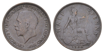 Великобритания 1/2 пенни 1934 Георг V (1910-1936) KM 837, Spink 4058 бронза    4660-555