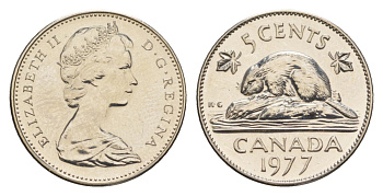 Канада 5 центов 1977 Елизавета II (1952-2022), бобр KM 60.1 никель PROOF-LIKE (BU) 4630-947