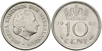 НИДЕРЛАНДЫ 10 ЦЕНТОВ 1966 ЮЛИАНА KM 182 никель 96-446